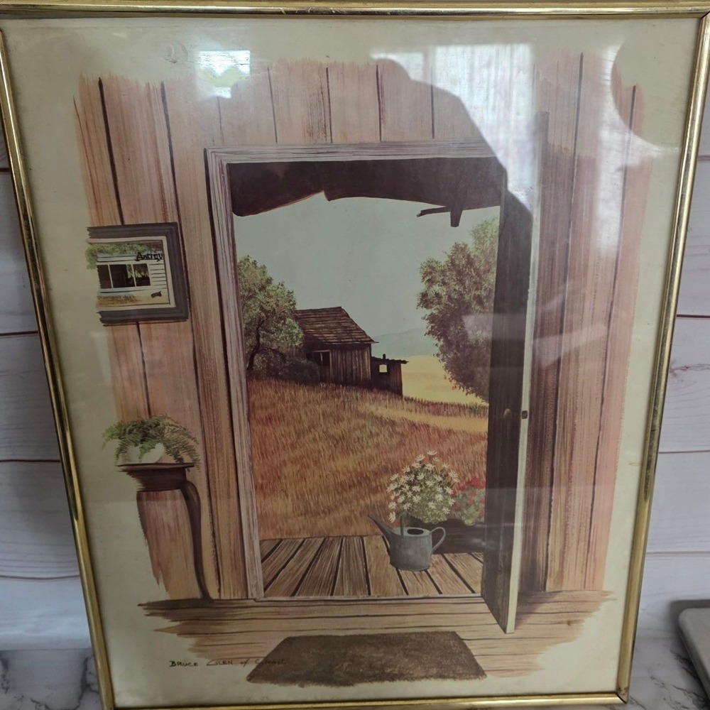 Vintage Country Scene Framed Art Print - Golden Barn Door Pathway‎ Rustic Decor